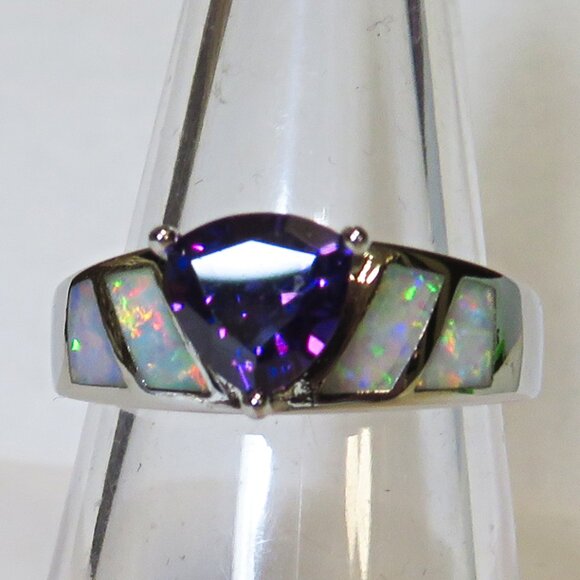 Silver Ring Size 10 White Lab Fire Opal Inlay 6mm * 6mm Amethyst New Old Stock - Picture 1 of 10